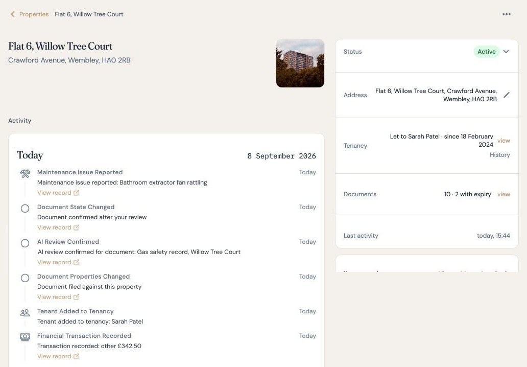 One property page, with its photograph, tenancy, compliance and documents, and its activity in the order it happened.